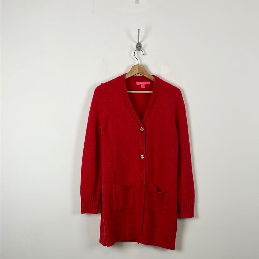 Lilly Pulitzer Leonette Red Knit Cardigan Amaryllis Women's M Wood Blend Sweater